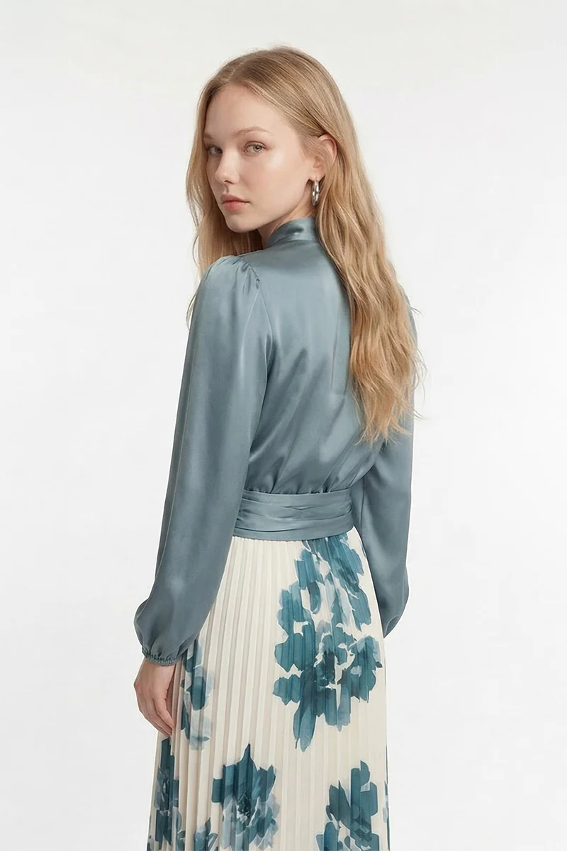 חולצת מעטפת סאטן TEAL - Image 3